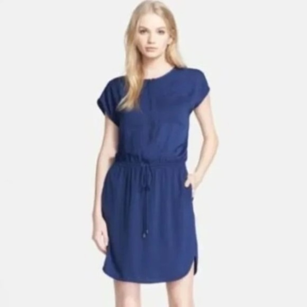 VINCE Drawstring Mini Shirt Dress in Blue Short Sleeve with Pockets Size Medium